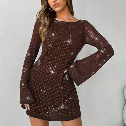 Women's Sexy Evening Sexy Holiday New Year Valentines Day Dress Boat Neck Rhinestone Backless Bell Sleeve Mini A-Line Brown Dress, Autumn/Winter | SHEIN