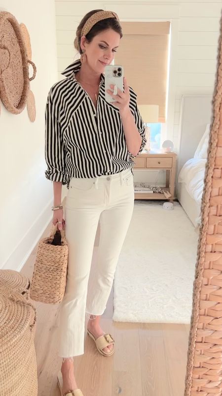 Spring outfit.  Xs top (oversized but not long). White jeans true to size.  I’m 5’11” wearing the tall sizing.  Sandals true to size.  

#LTKover40 #LTKsalealert #LTKshoecrush