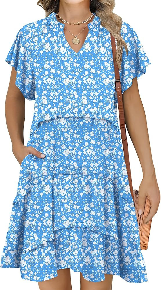 Caracilia Women Summer Casual V Neck Flutter Sleeve Sundress Boho Flowy Ruffle Tiered Spring Beac... | Amazon (US)