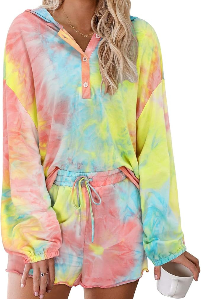 GOOTUCH Womens Tie Dye Pajamas Set Sleepwear Loungewear Long Sleeve Tops Shirts Button Down Hoodi... | Amazon (US)
