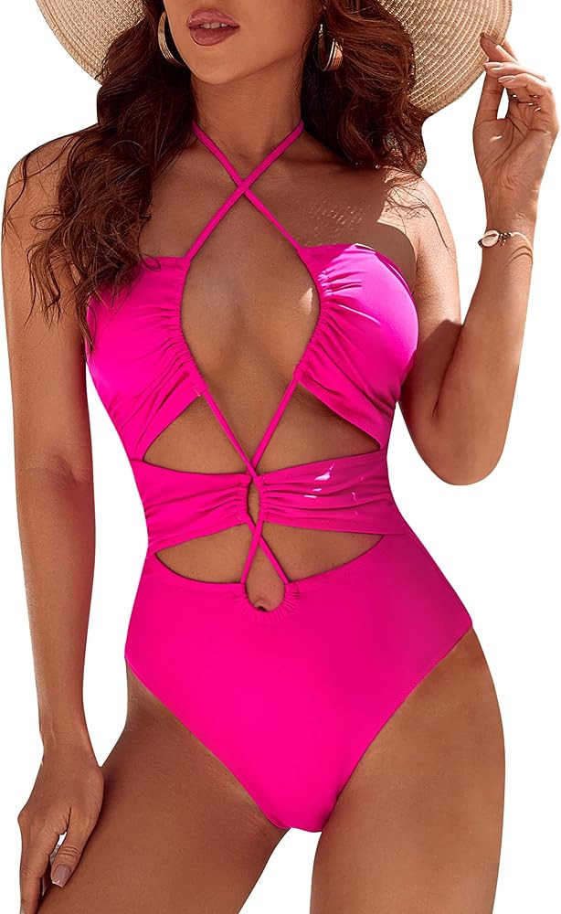 Blooming Jelly Womens Sexy One Piece Bathing Suit Cutout Cheeky High Cut Swimsuit Halter Criss Cross | Amazon (US)