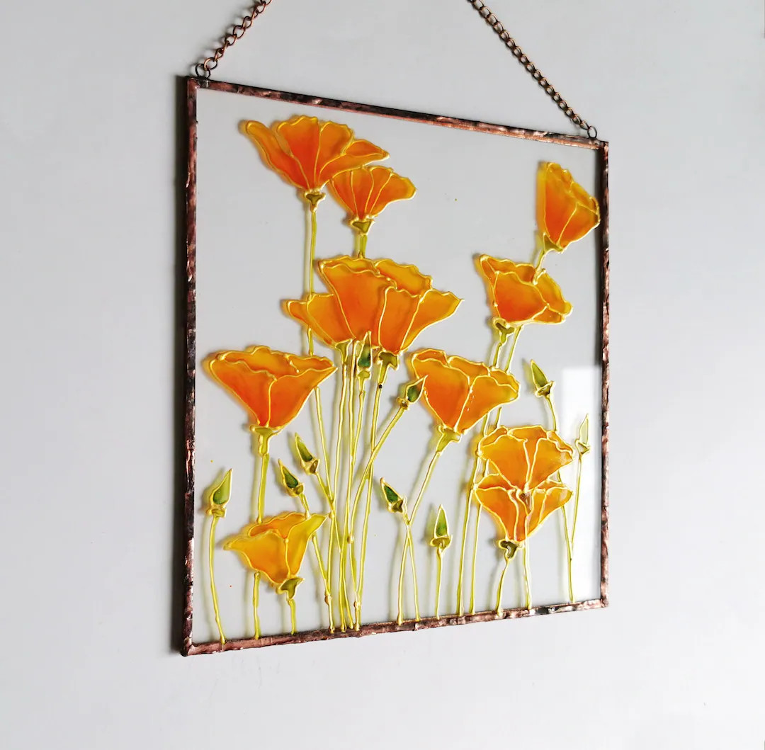 California Poppy Suncatcher: Hand-painted Glass Floral Window Hanging - Etsy | Etsy (US)