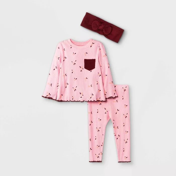 Baby Girls' 3pc Floral Rib Top & Bottom Set with Headband - Cat & Jack™ Fun Pink | Target