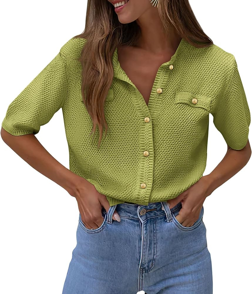 PRETTYGARDEN Women's Summer Button Down Shirts Casual Short Sleeve Crew Neck Ribbed Knit Blouse T... | Amazon (US)