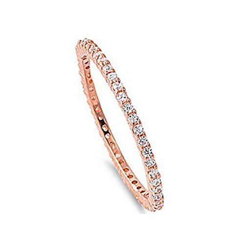 Sterling Silver Rose Gold Plated Classy Stackable Ring with Clear Simulated Crystals on Half-Bezel S | Amazon (US)