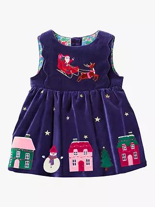 Mini Boden Baby Christmas Scene Velvet Pinnie Dress, Starboard Blue | John Lewis (UK)