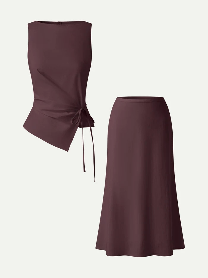 2Pcs Set Boatneck Waist-Defined Top & Maxi Flared Pull-On Skirt | OGLmove