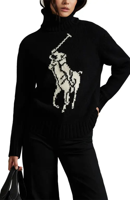 Polo Ralph Lauren Big Pony Turtleneck Wool Sweater in Polo Black/Authentic Cream at Nordstrom, Size Small | Nordstrom