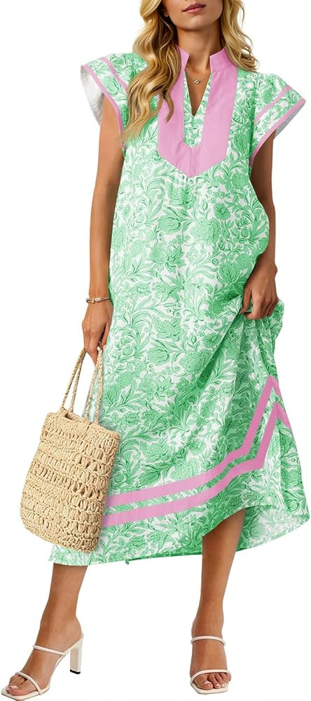 Wenrine Womens Summer Floral Maxi Dress Casual Short Cap Sleeve V Neck Color Block Side Slit Loos... | Amazon (US)