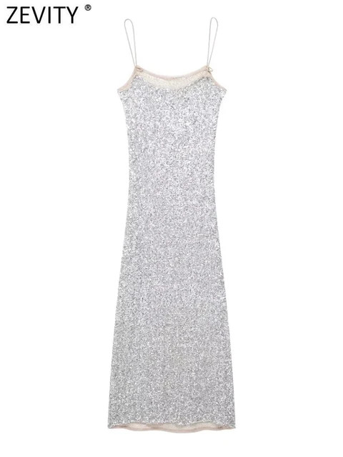 Zevity-vestido Midi con lentejuelas para mujer, traje elegante con tirantes finos, ajustado, para... | Aliexpress EU