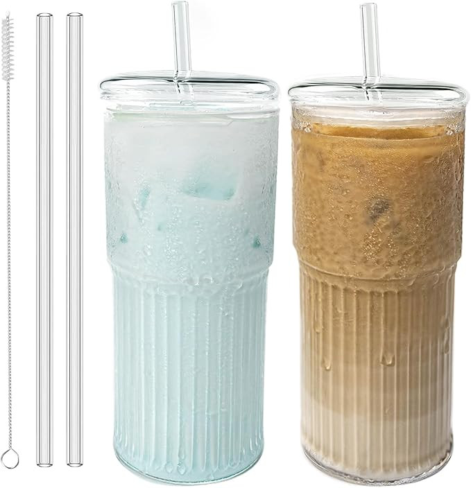 Luiaiog Glass Cups with Lids and Glass Straws, High Borosilicate 20OZ Tumblers (2Pcs) for Coffee,... | Amazon (US)