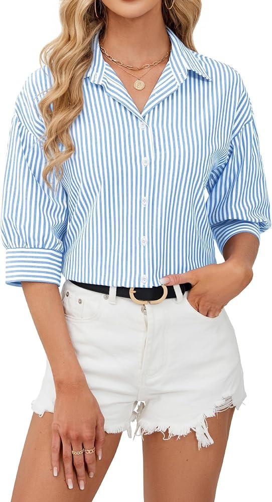 siliteelon Button Down Shirts for Women Striped Dress Shirts 3/4 Sleeve Wrinkle Free Casual Colla... | Amazon (US)