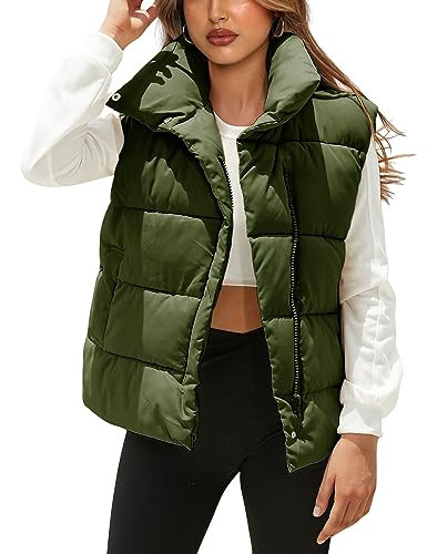 EsheSy Women's Puffer Vest Zip Up Sleeveless Lightweight Stand Collar Padded Gilet(ArmyGreen-M) | Amazon (US)