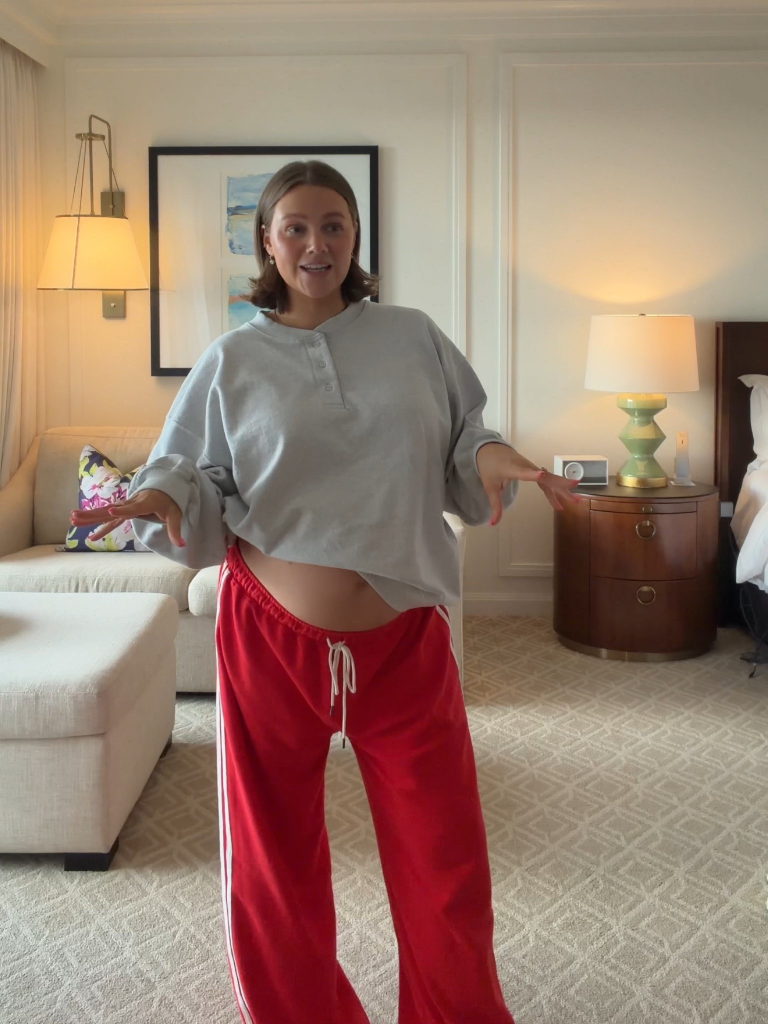 Size M/L in daily drills sweatshirt love how loose and oversized it is! Size L in target sweatpants they’re cozy and lightweight. Sized up for bump and to grow into! 