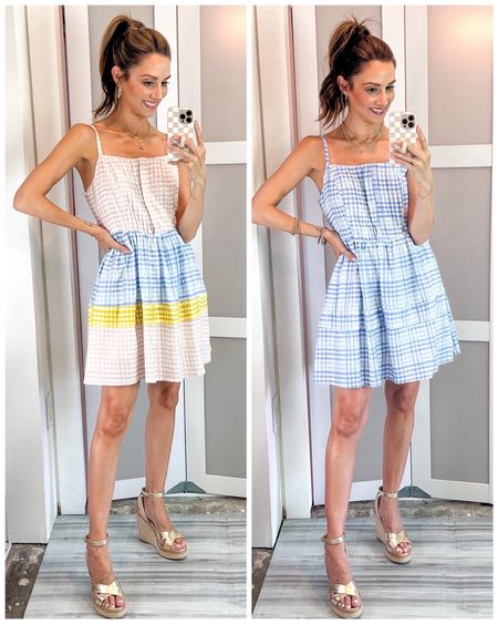 Restocked for this spring!! Gingham is having its moment and I’m here for these dresses 😆 I’m wearing an XS.  They have built in shorts (romper dress) for extra comfort! Working front buttons, adjustable straps, and size zip closure! These are great beach or cruise vacation looks, brunch outfit, or event daytime event like a baby shower!  Comfy and cute! My wedges are sold out so linking very similar and a few others that I pair with these! 

#LTKfindsunder100 #LTKSeasonal #LTKparties