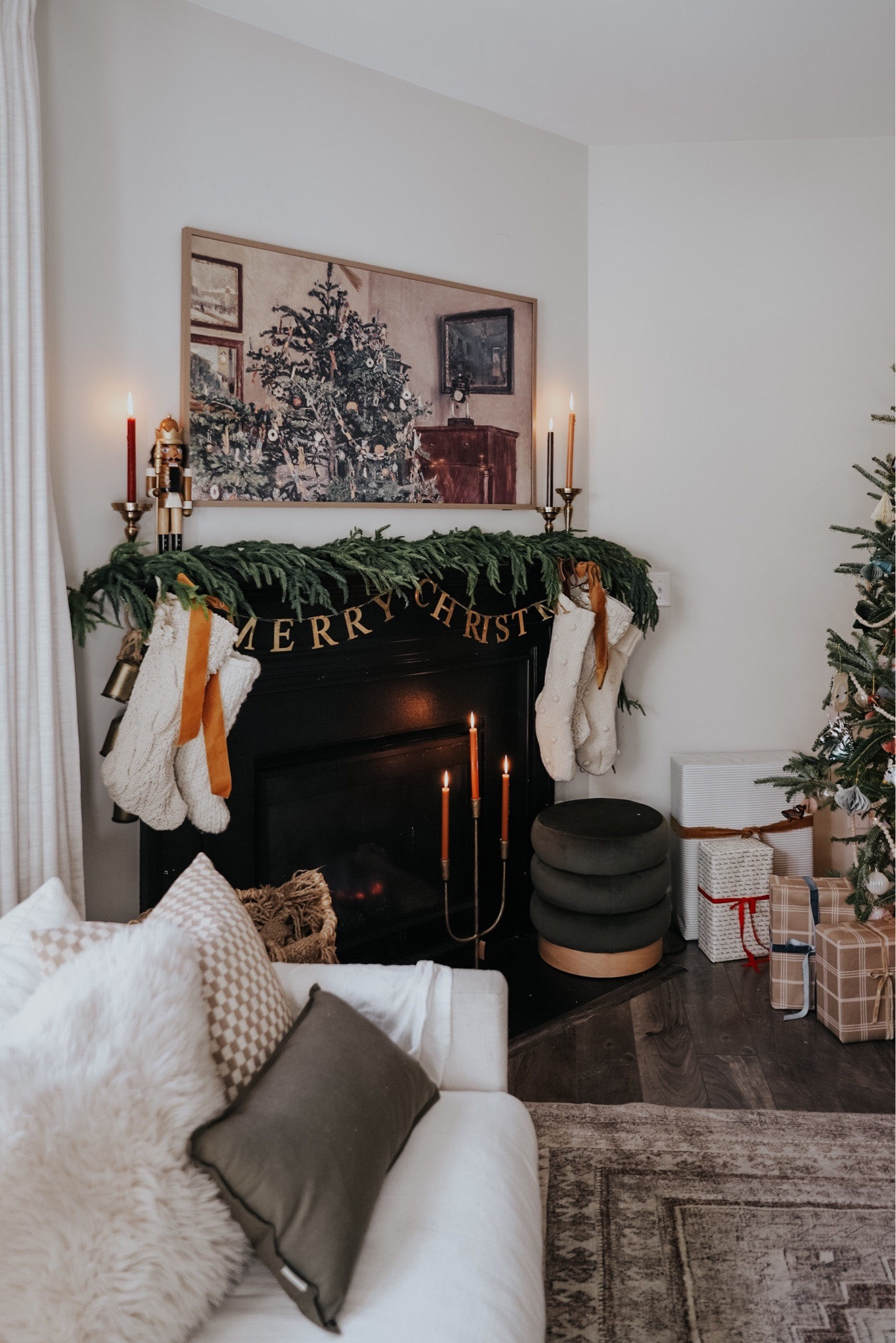 Christmas living room, velvet ottoman 

#LTKSeasonal #LTKhome #LTKHoliday