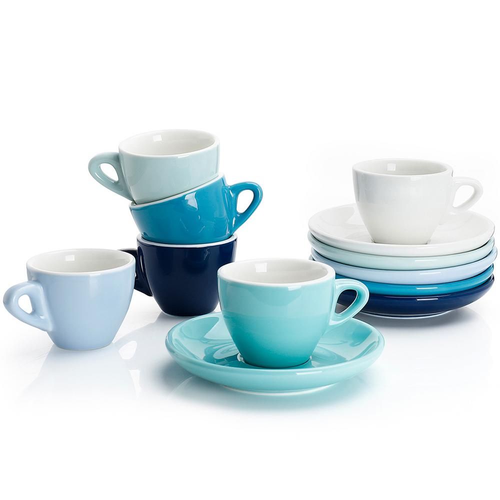 Sweese Espresso Cups with Saucers - 2 Ounce - Cool Assorted, Set of 6 ( white, turquoise, steel blue | The Home Depot