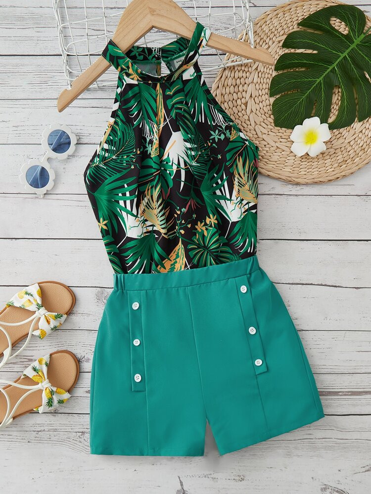 Girls Tropical Print Halter Top & Button Detail Shorts | SHEIN