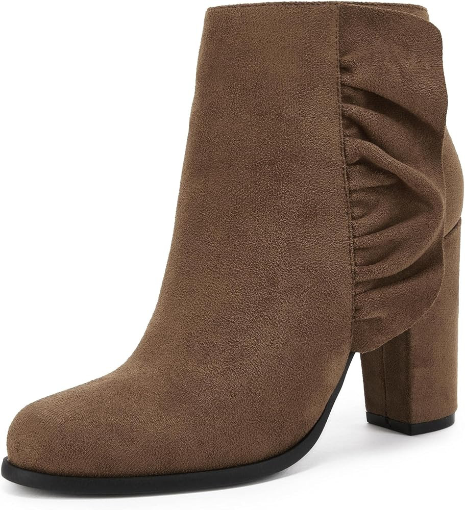 Womens Chunky Block Heel Ankle Boots Faux Suede Ruffle Fall Winter Western Booties | Amazon (US)