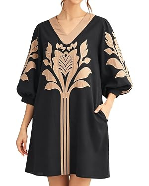 InterNos Women's Summer Applique Floral Mini Dress V Neck 3/4 Puff Sleeve Casual Shift Dress with... | Amazon (US)