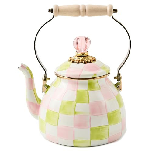 MACKENZIE-CHILDS Enamel Tea Kettle, Cute Tea Kettle for Stovetop, 2 Quarts, Pastel Pink-and-Green Palm Beach Check | Amazon (US)
