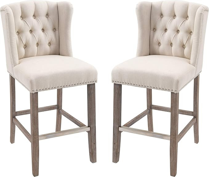HOMCOM 2 Piece Counter Height Barstools Kitchen Breakfast Stools with Nailhead-Trim and Tufted Ba... | Amazon (US)
