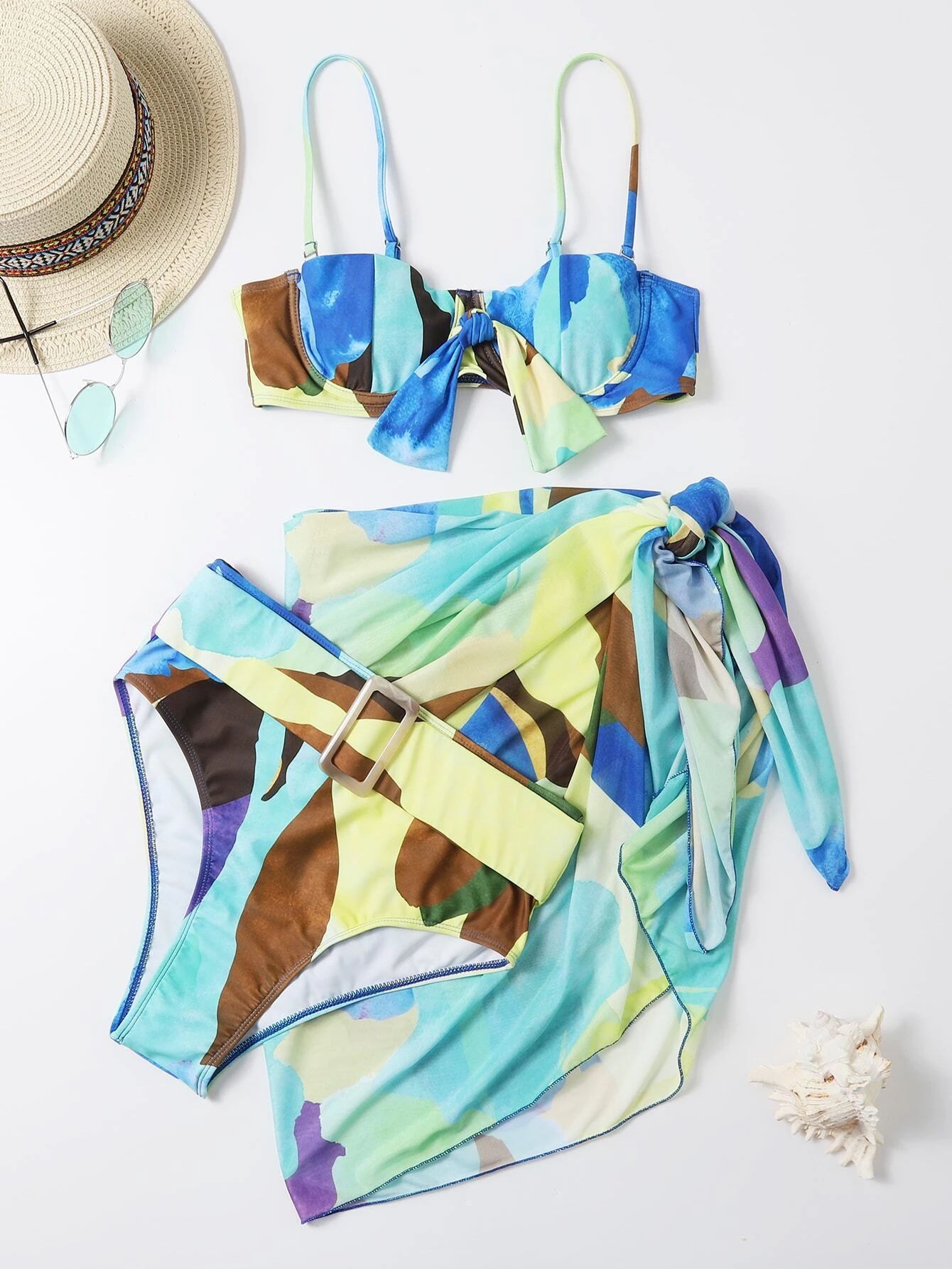 3pack Allover Graphic Underwire Bikini Swimsuit & Beach Skirt | SHEIN