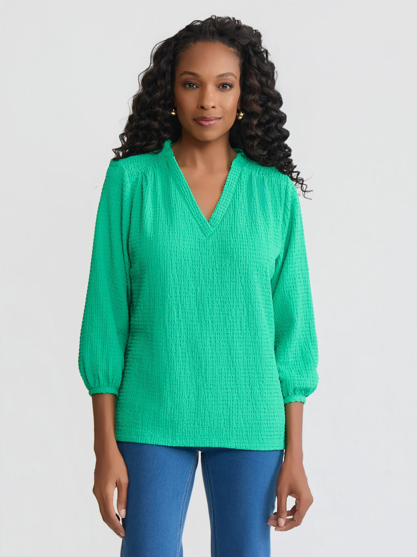V-Neck Smocked Shoulder Blouse | Jones New York