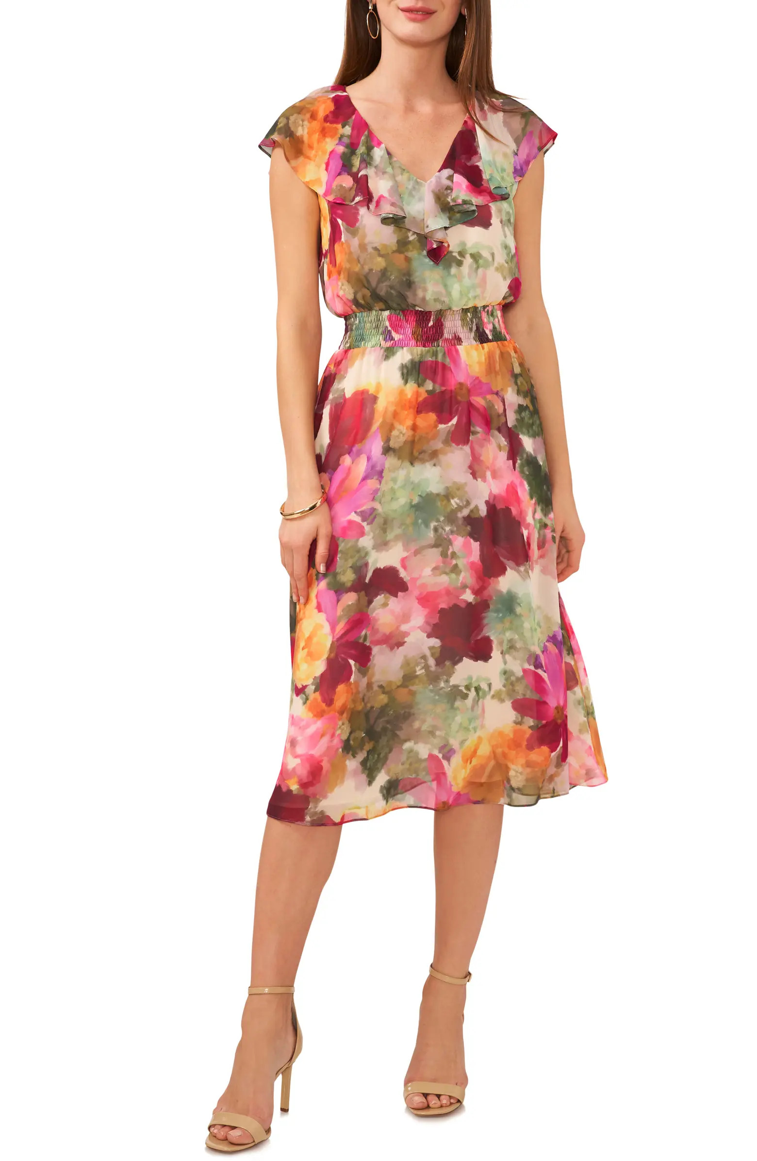 Watercolor Floral Smocked Waist Midi Dress | Nordstrom