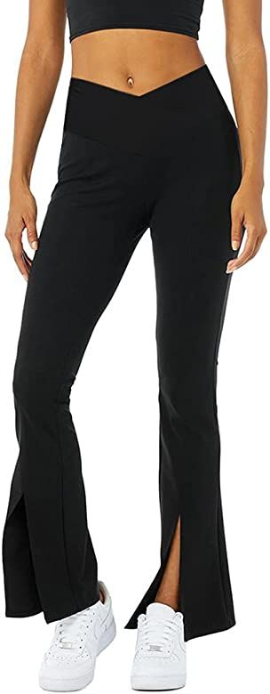 Women's Crossover High Waisted Bootcut Yoga Pants Flutter Leggings Front Split Flare Leg Workout Pan | Amazon (US)