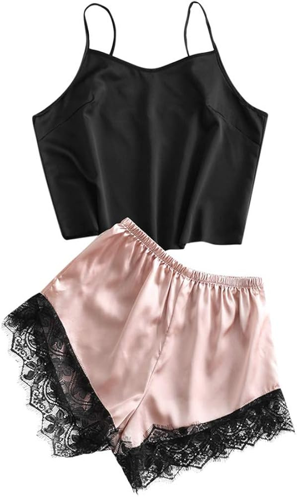 ZAFUL Women's Pajama Set Lace Trim Spaghetti Strap Satin Cami and Shorts Sleepwear Sexy Lingerie ... | Amazon (US)