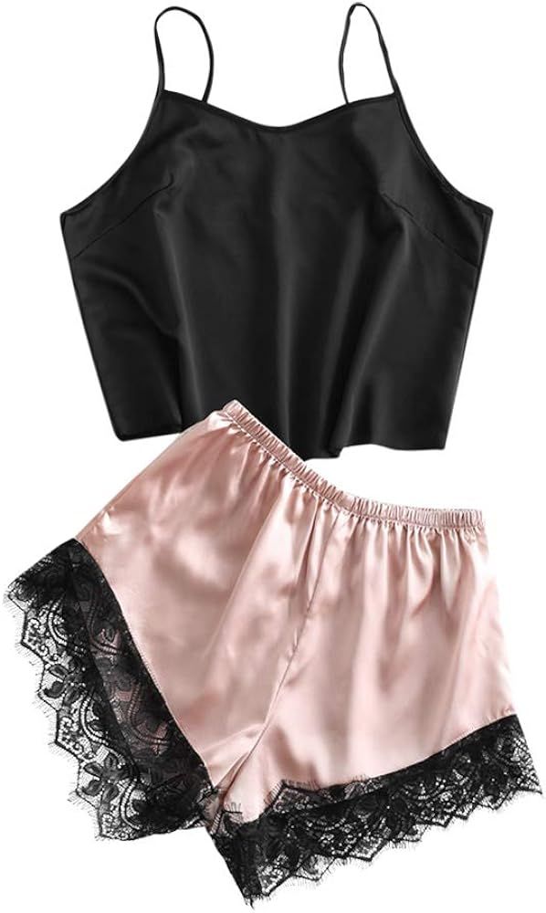 ZAFUL Women's Pajama Set Lace Trim Spaghetti Strap Satin Cami and Shorts Sleepwear Sexy Lingerie ... | Amazon (US)