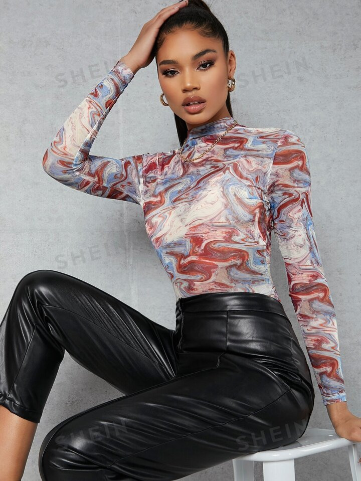 SHEIN BAE Mock-Neck Marble Print Mesh Top Without Bra | SHEIN