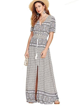 Milumia Women's Button Up Split Floral Print Flowy Party Maxi Dress Small Multicolor-2 | Amazon (US)