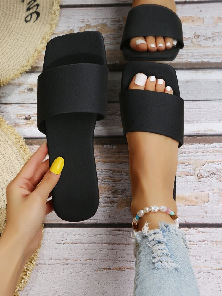 Women Single Band Open Toe Slide Sandals, Elegant Solid Minimalist Outdoor Flat Sandals | SHEIN