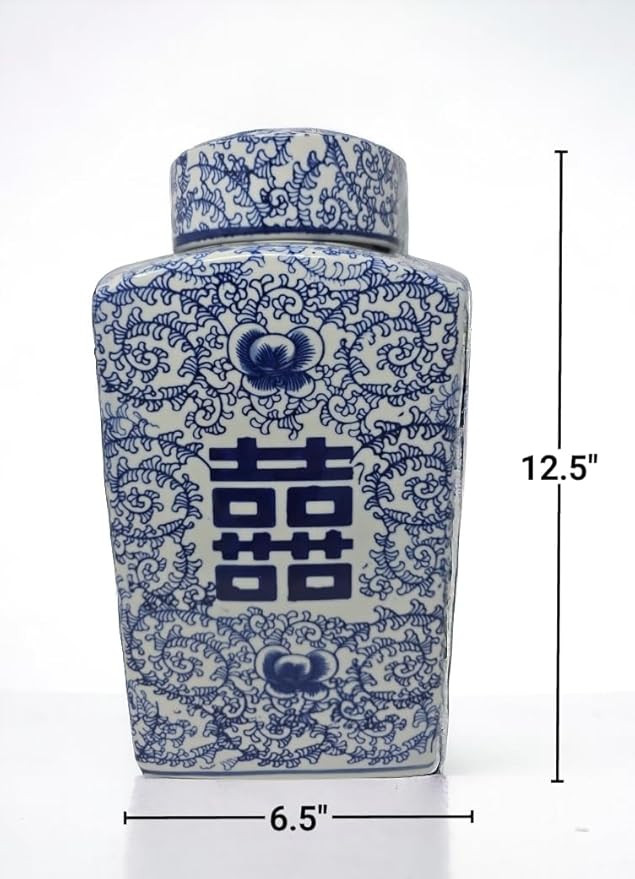 12.5" Classic Blue and White Porcelain Floral Square Jar Vase, China Ming Style, Jingdezhen, Doub... | Amazon (US)