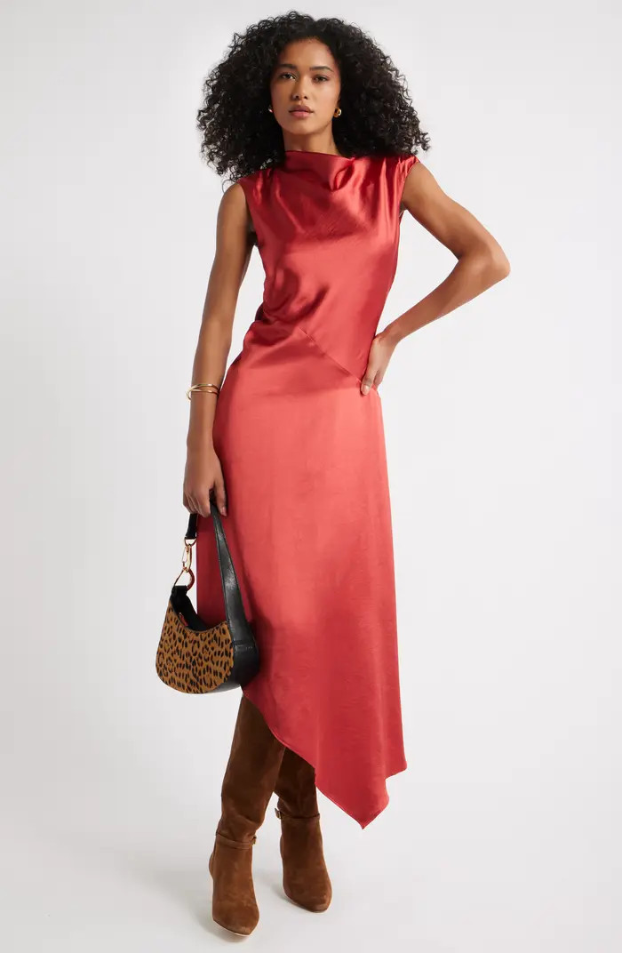 Open Edit Cowl Neck Asymmetric Satin Midi Dress | Nordstrom | Nordstrom