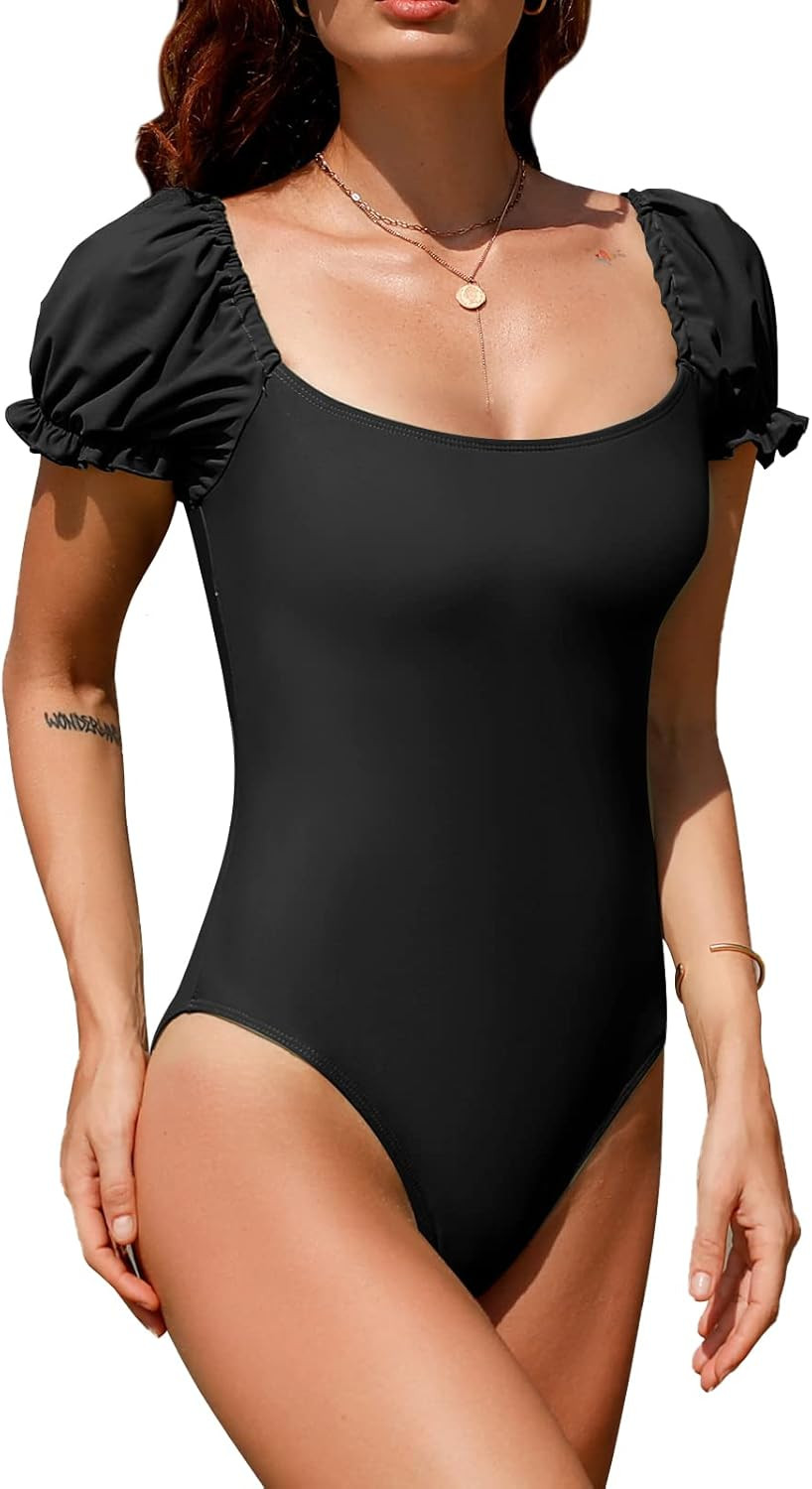Upopby Women's Retro Puff Sleeve One Piece Swimsuits Tummy Control Backless Monokini Swimwear Lac... | Amazon (US)