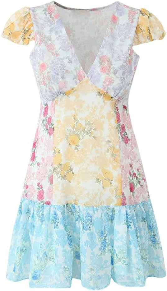 Retro French Contrast Flower V-Neck Mini Dress Sexy Flying Sleeves Slim Robe | Amazon (US)
