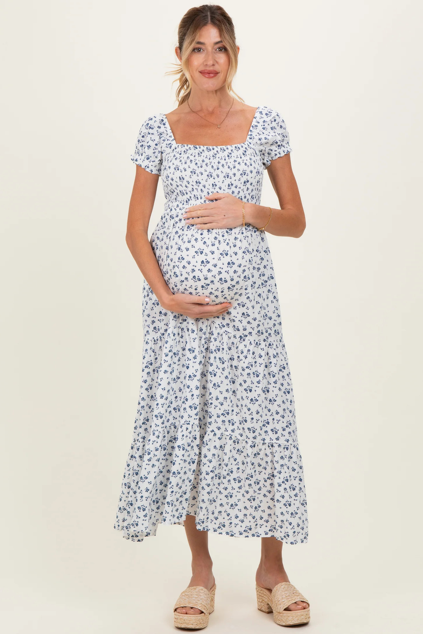 Black Floral Smocked Puff Sleeve Maternity Maxi Dress | PinkBlush Maternity