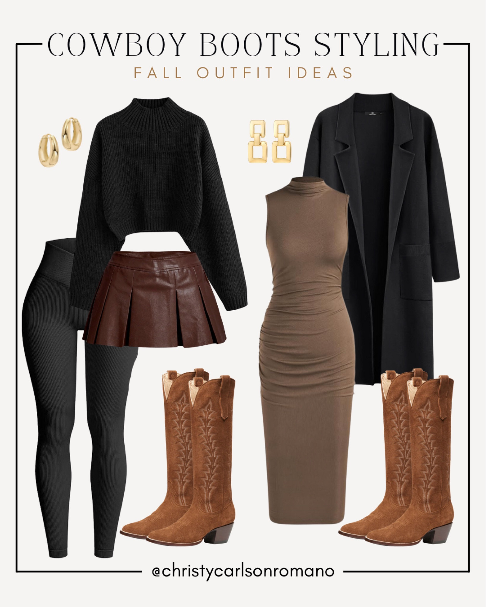 Oh you know how much I love these cowboy boots and you best believe I'm wearing them for fall! Here's two ways you can style it this upcoming season: a black sweater paired with a leather mini skirt and tights or a brown bodycon dress paired with a sleek black coat. Which look is your fave?
#transitionalfashion #countrystyle #casualchic #autumnlook

#LTKSeasonal #LTKStyleTip #LTKShoeCrush
