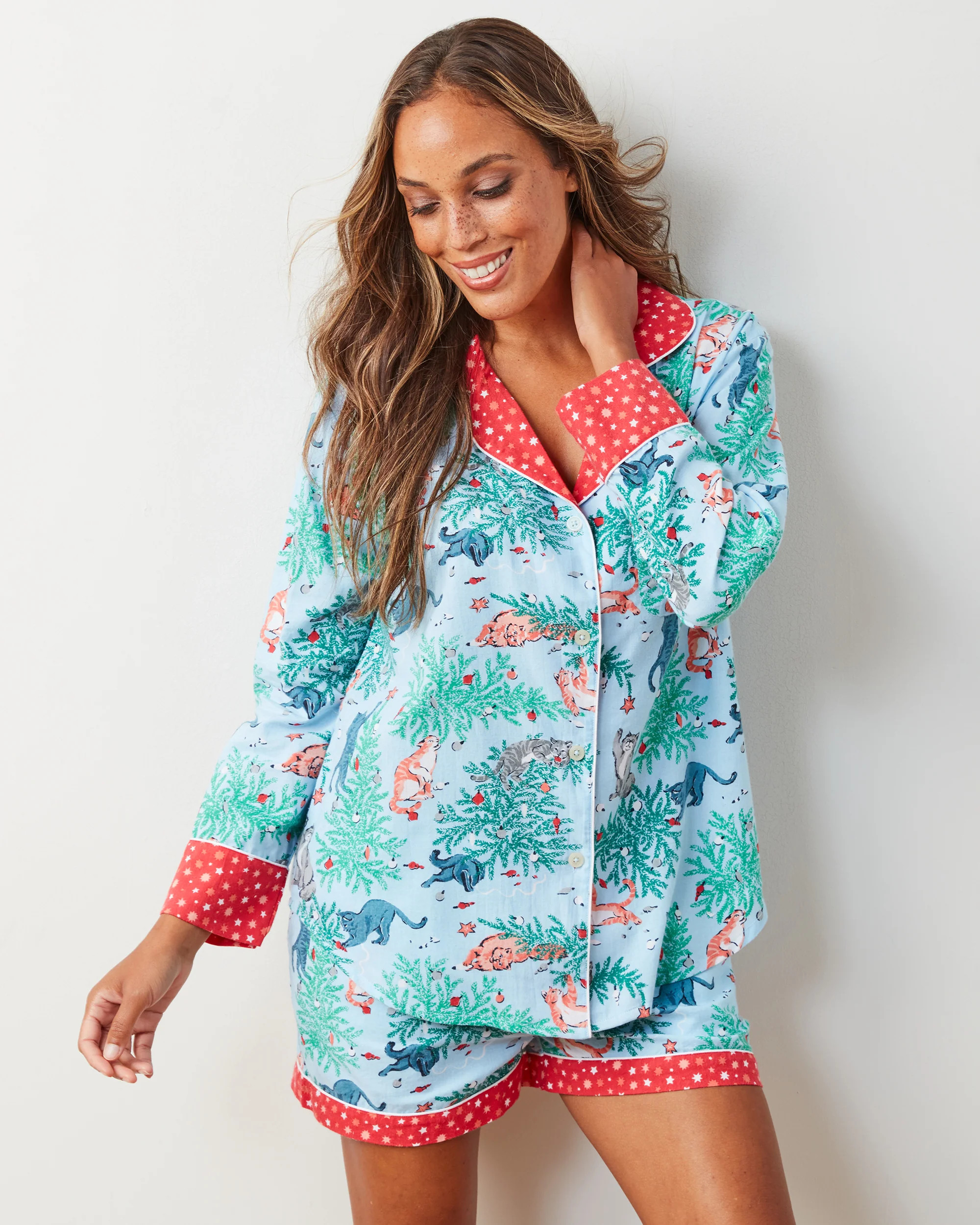 Frisky Firs - Lightweight Flannel Long Sleeve Top & Shorts Set - Twinkling Blue | Printfresh