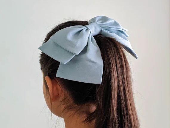 Dusty Blue Linen Fabric Hair Bow Solid Mist Big Bow Organic - Etsy | Etsy (US)