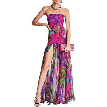 Women Tube Top Dress Tiger Stripe Mesh Patchwork Maxi Dress Strapless Sexy High Slit Long Dresses... | Amazon (US)