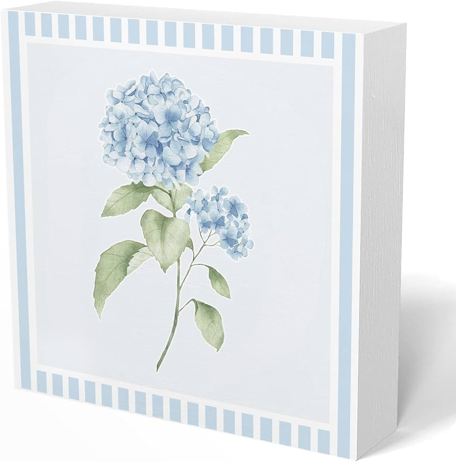 Blue Hydrangea Stripes Decor,Rustic Blue and White Floral Decor for Grandmillennial Home Office F... | Amazon (US)