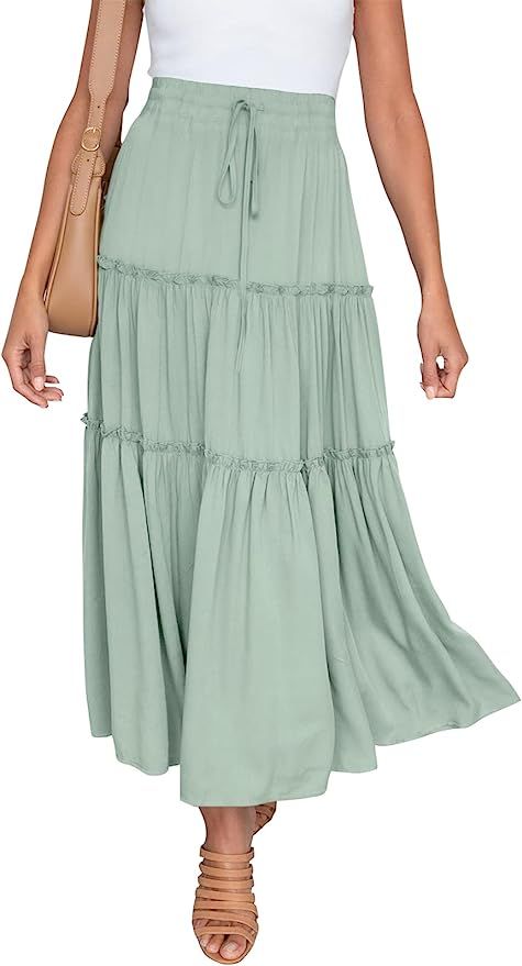 VTSGN Womens High Waisted Midi Maxi Skirt Boho A-Line Ruffle Flowy Long Skirt with Pockets | Amazon (US)