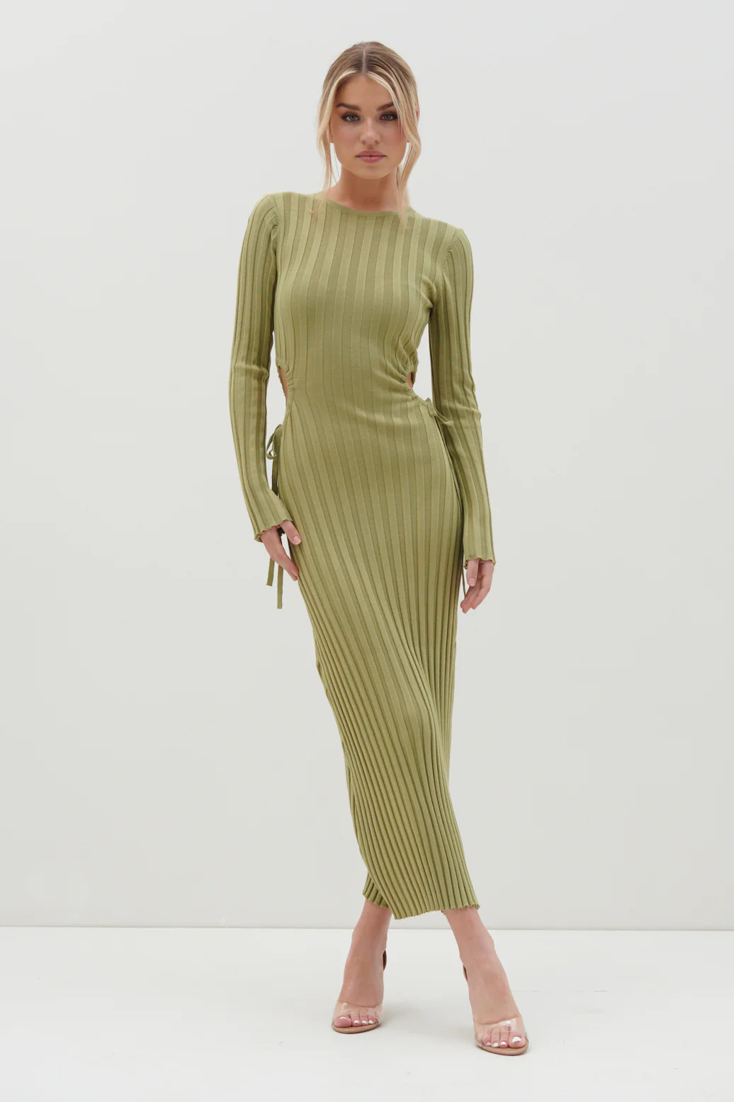 Dahlia Cut Out Maxi Knit Dress - Tarragon Green | Pretty Lavish (UK)