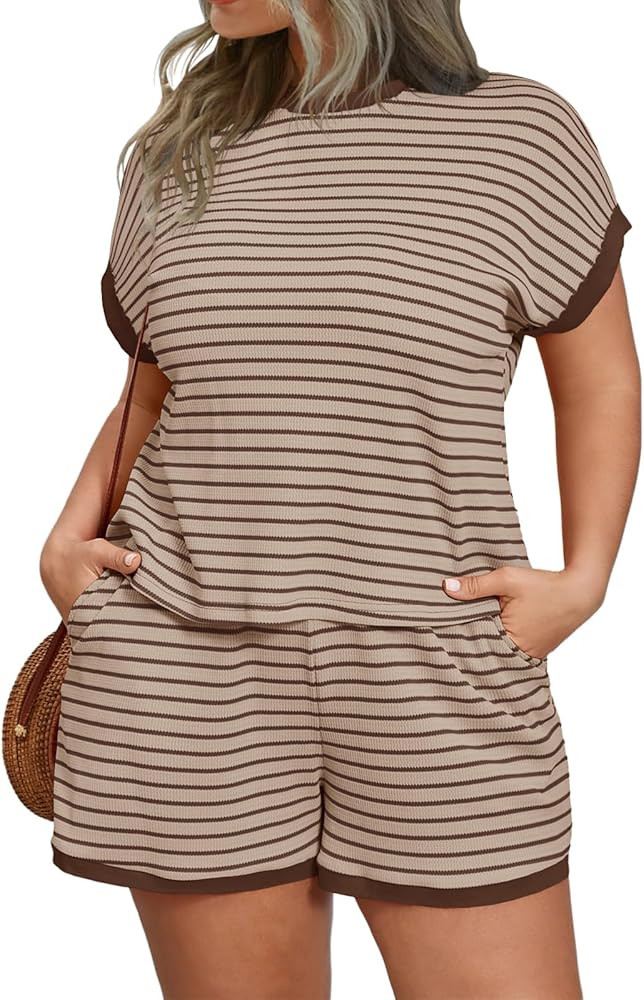 Beautife Womens 2 Piece Plus Size Striped Lounge Shorts Set Summer Outfits | Amazon (US)