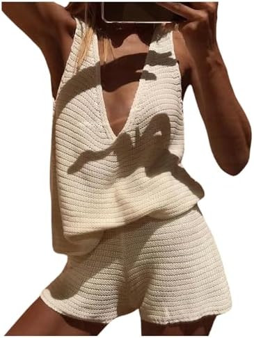 MakeMeChic Women's Summer 2 Piece Sets Deep V Neck Knit Tank Tops Mini Shorts Set Beach Vacation ... | Amazon (US)