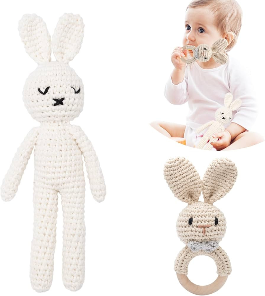 2PC Wooden Baby Bunny Rattle & Crochet Doll Plush Stuffed Rabbit Animals Toy for Newborn Baby 18 ... | Amazon (US)